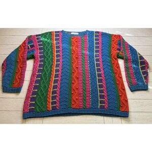 Jaeger VTG Unisex 3D Men's Pullover Crewneck Sweater Bright Multi‎ Color L 90s